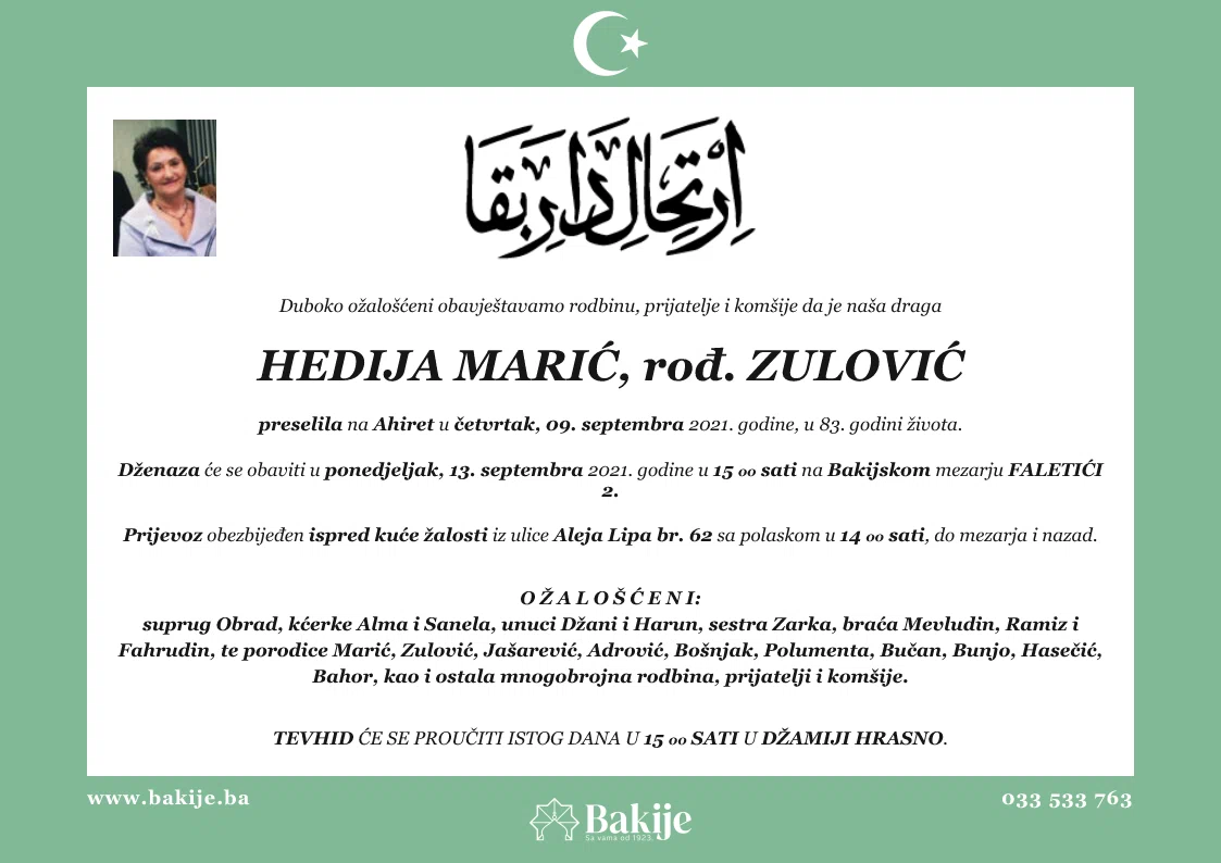 Smrtovnica — Hedija Marić, rođ. Zulović