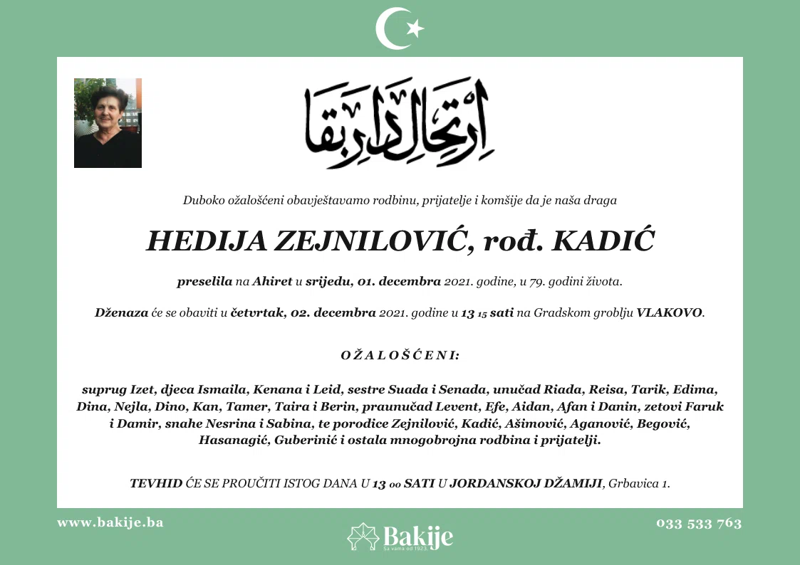 Smrtovnica — Hedija Zejnilović, rođ. Kadić