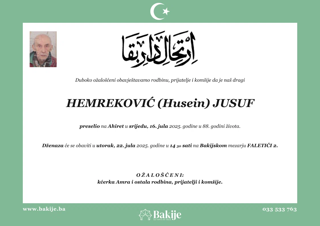 Smrtovnica — Hemreković (Husein) Jusuf