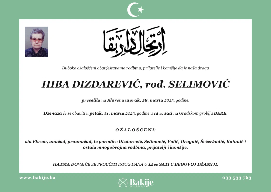 Smrtovnica — Hiba Dizdarević, rođ. Selimović
