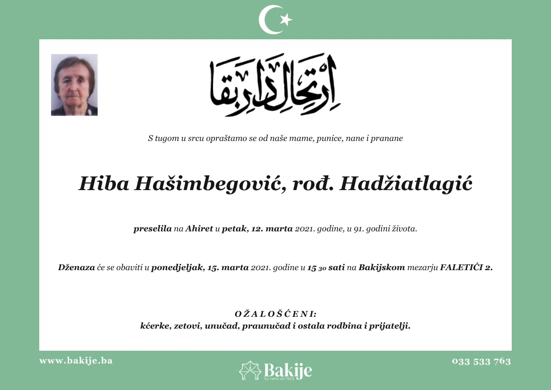 Smrtovnica — Hiba Hašimbegović, rođ. Hadžiatlagić