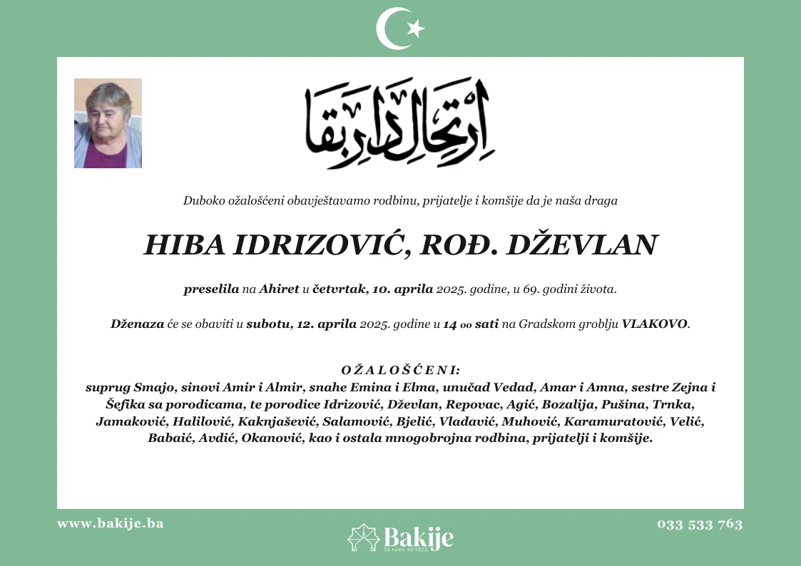 Smrtovnica — Hiba Idrizović, rođ. Dževlan