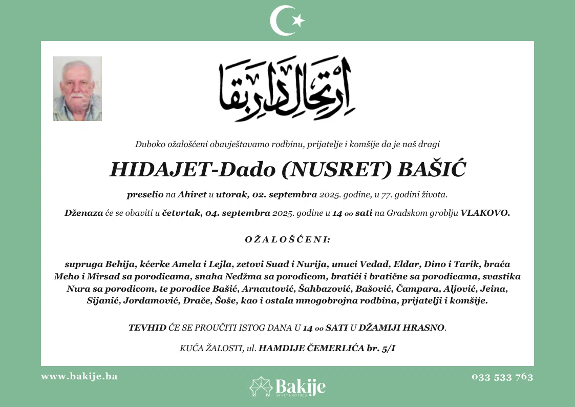 Smrtovnica — Hidajet-Dado (Nusret) Bašić