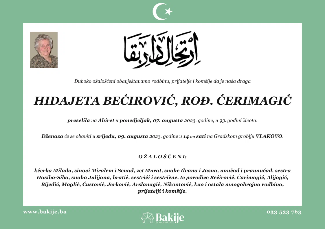 Smrtovnica — Hidajeta Bećirović, rođ. Ćerimagić