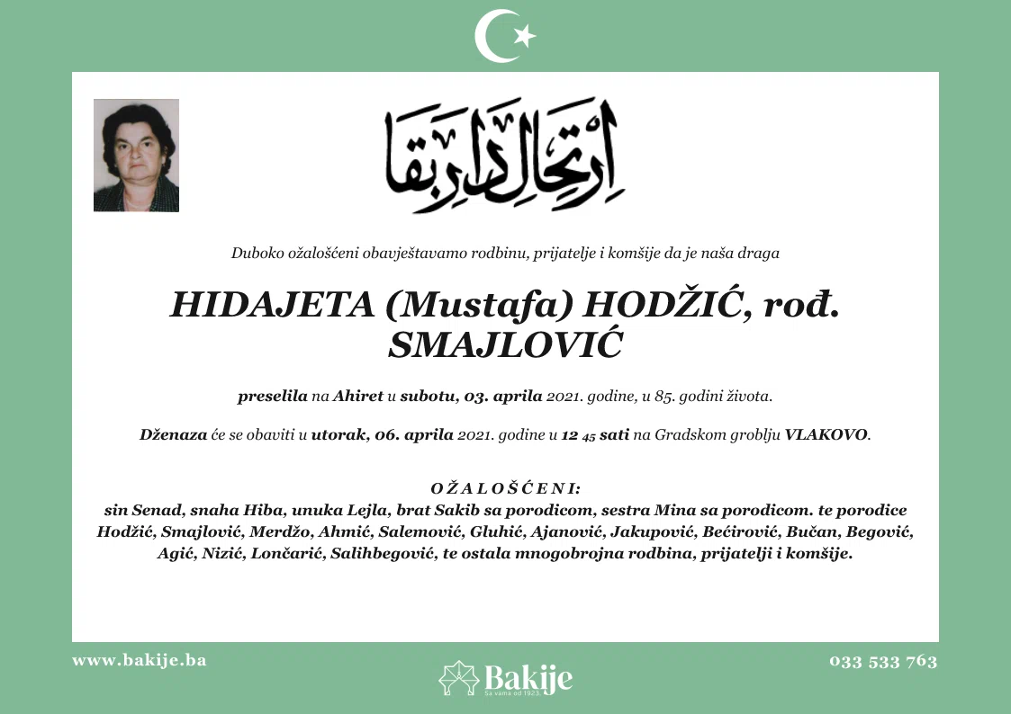 Smrtovnica — Hidajeta (Mustafa) Hodžić, rođ. Smajlović