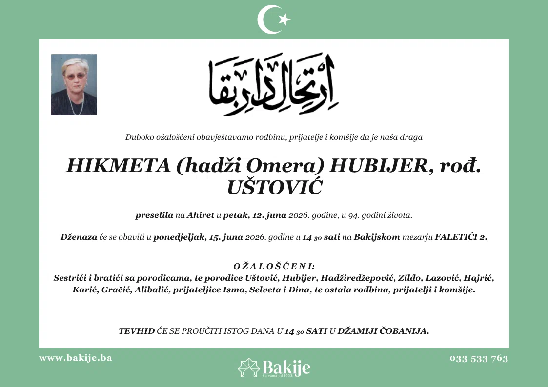 Smrtovnica — Hikmeta (Hadži Omera) Hubijer, rođ. Uštović