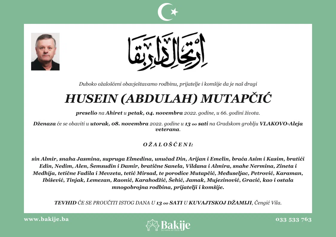 Smrtovnica — Husein (Abdulah) Mutapčić
