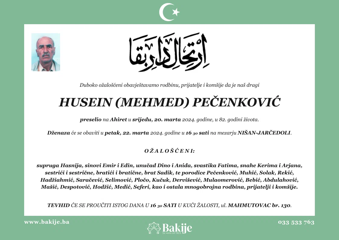 Smrtovnica — Husein (Mehmed) Pečenković