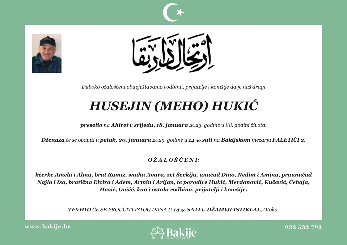 Smrtovnica — Husejin (Meho) Hukić