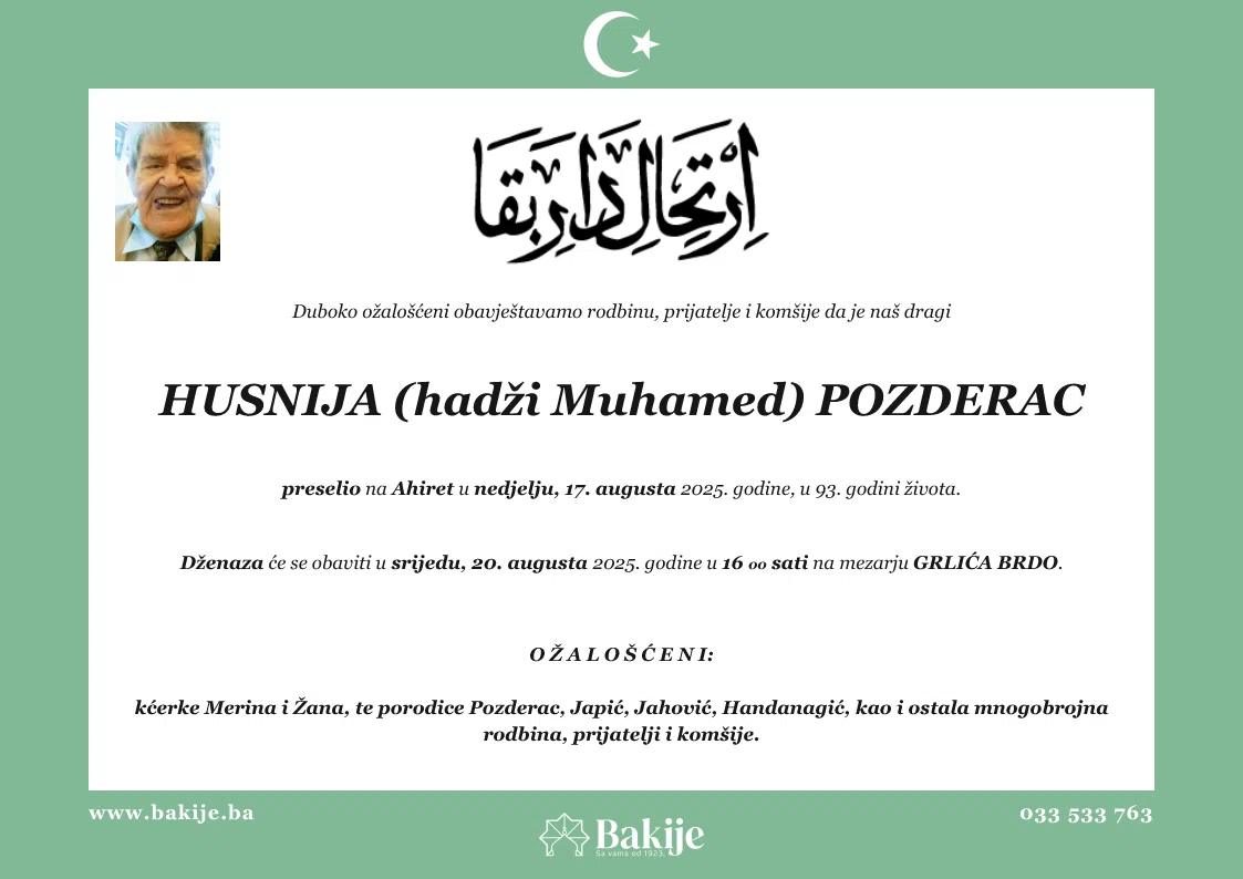 Smrtovnica — Husnija (Hadži Muhamed) Pozderac