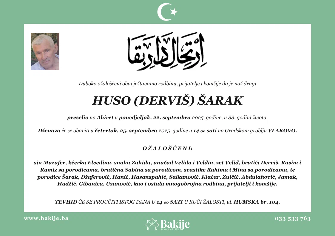 Smrtovnica — Huso (Derviš) Šarak