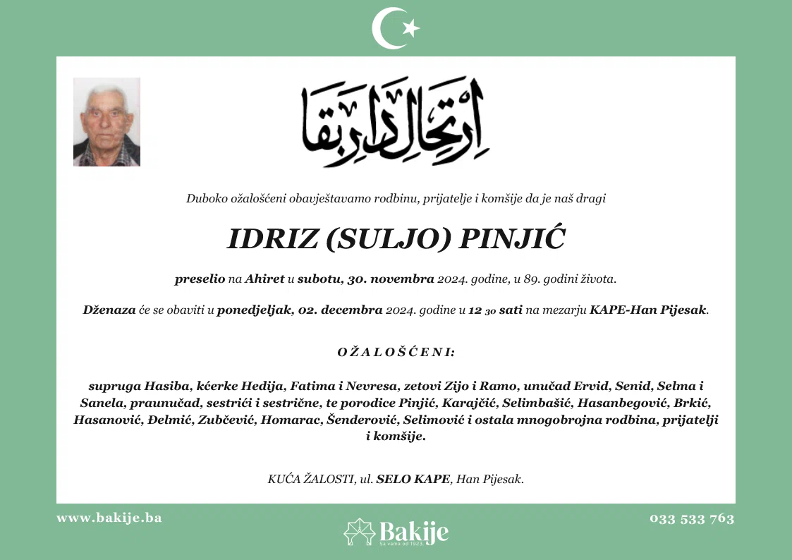 Smrtovnica — Idriz (Suljo) Pinjić