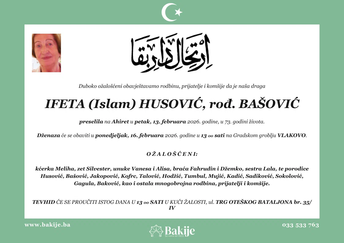 Smrtovnica — Ifeta (Islam) Husović, rođ. Bašović