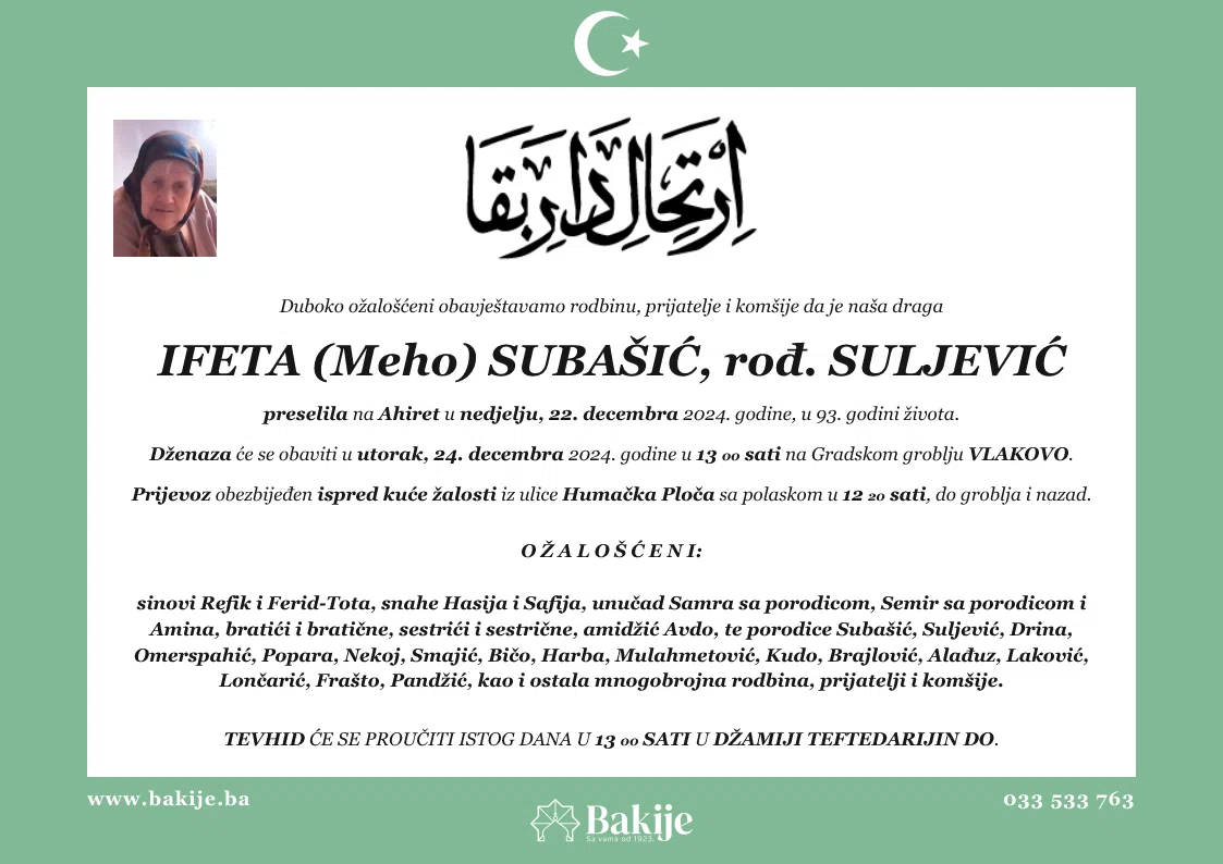 Smrtovnica — Ifeta (Meho) Subašić, rođ. Suljević