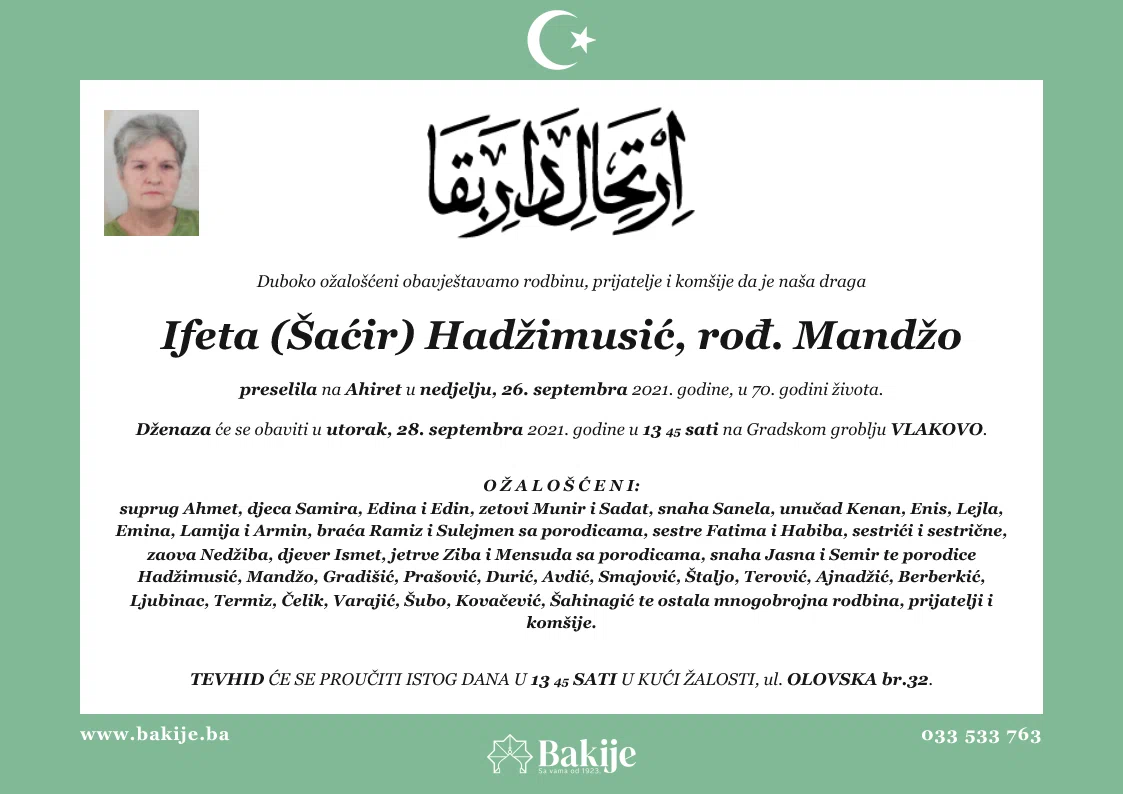 Smrtovnica — Ifeta (Šaćir) Hadžimusić, rođ. Mandžo