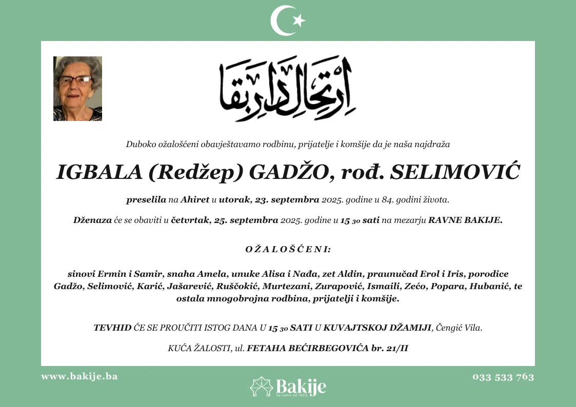 Smrtovnica — Igbala (Redžep) Gadžo, rođ. Selimović