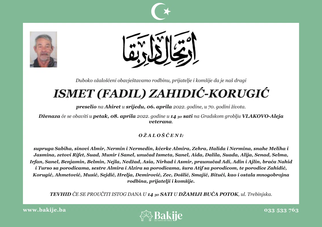 Smrtovnica — Ismet (Fadil) Zahidić-Korugić