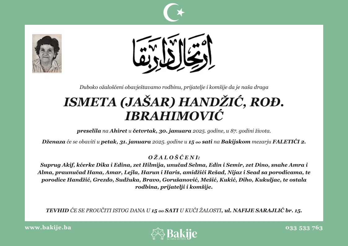 Smrtovnica — Ismeta (Jašar) Handžić, rođ. Ibrahimović