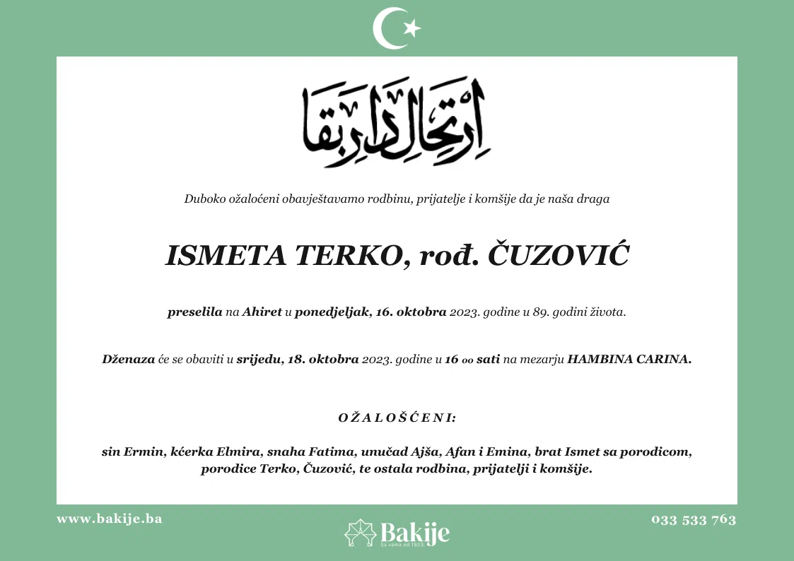 Smrtovnica — Ismeta Terko, rođ. Čuzović