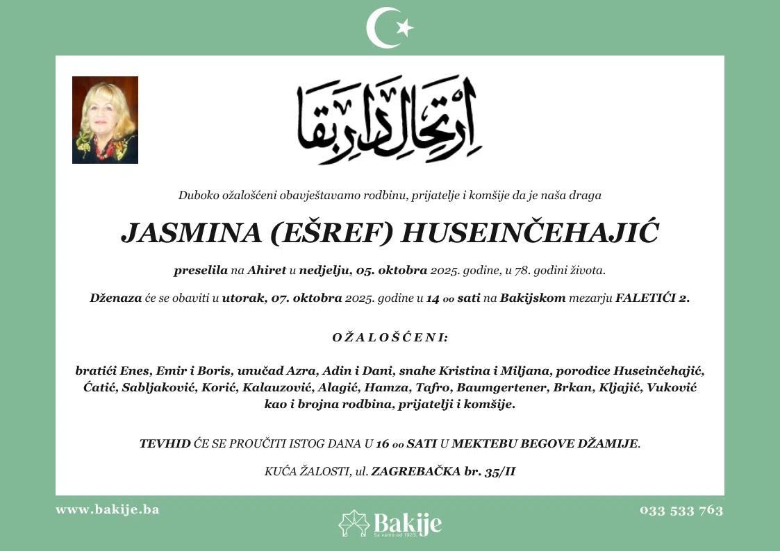 Smrtovnica — Jasmina (Ešref) Huseinčehajić