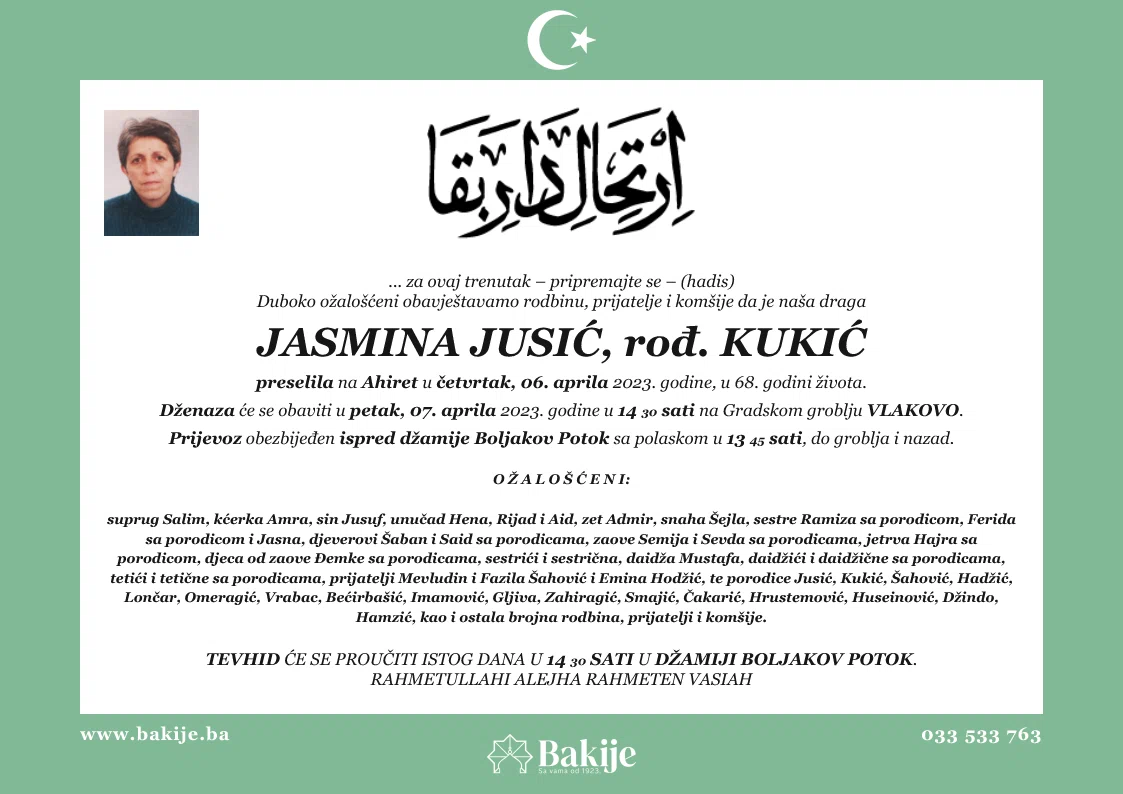 Smrtovnica — Jasmina Jusić, rođ. Kukić