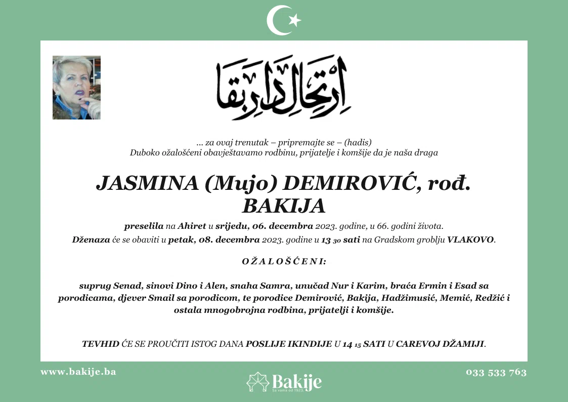 Smrtovnica — Jasmina (Mujo) Demirović, rođ. Bakija