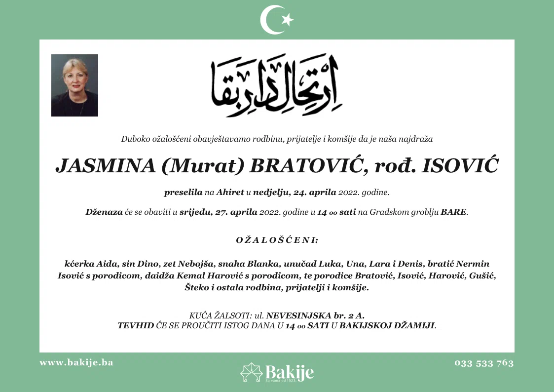 Smrtovnica — Jasmina (Murat) Bratović, rođ. Isović