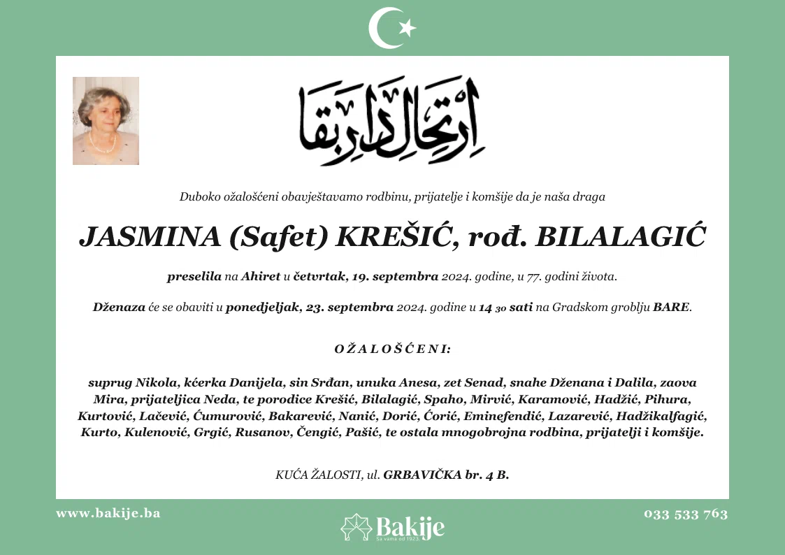 Smrtovnica — Jasmina (Safet) Krešić, rođ. Bilalagić