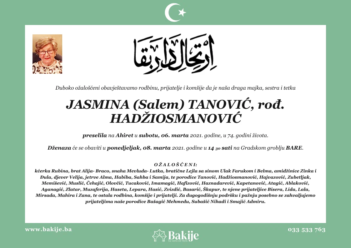 Smrtovnica — Jasmina (Salem) Tanović, rođ. Hadžiosmanović