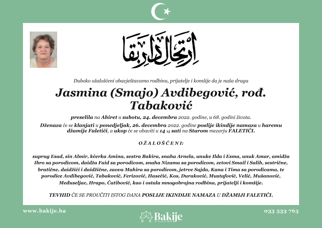 Smrtovnica — Jasmina (Smajo) Avdibegović, rođ. Tabaković