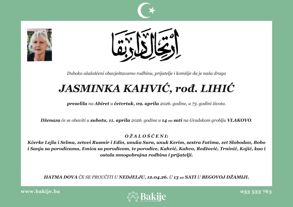 Smrtovnica — Jasminka Kahvić, rođ. Lihić