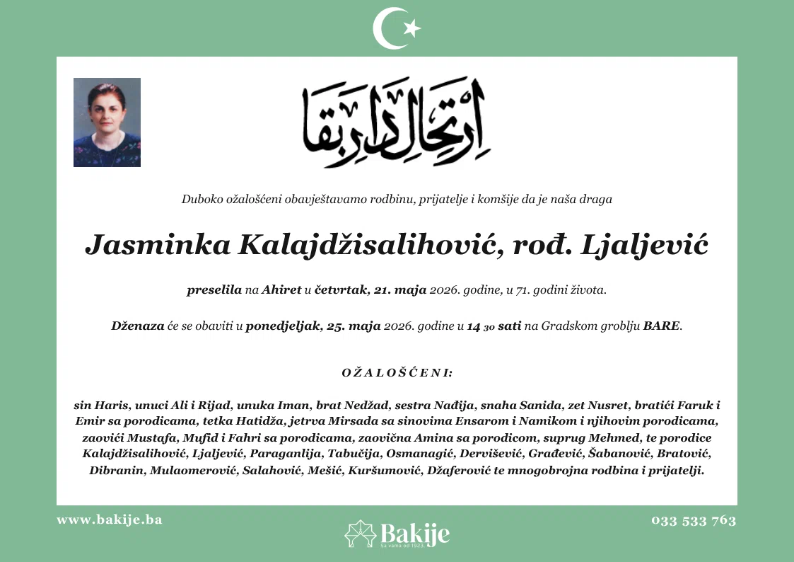 Smrtovnica — Jasminka Kalajdžisalihović, rođ. Ljaljević