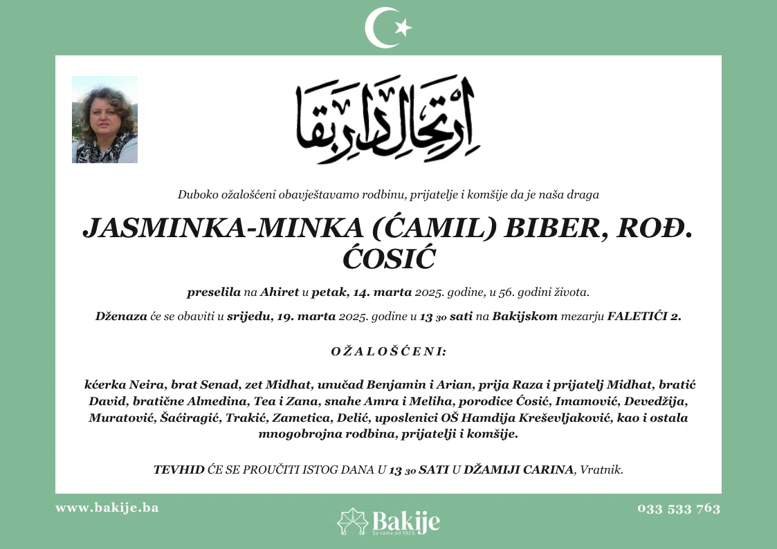 Smrtovnica — Jasminka-Minka (Ćamil) Biber, rođ. Ćosić