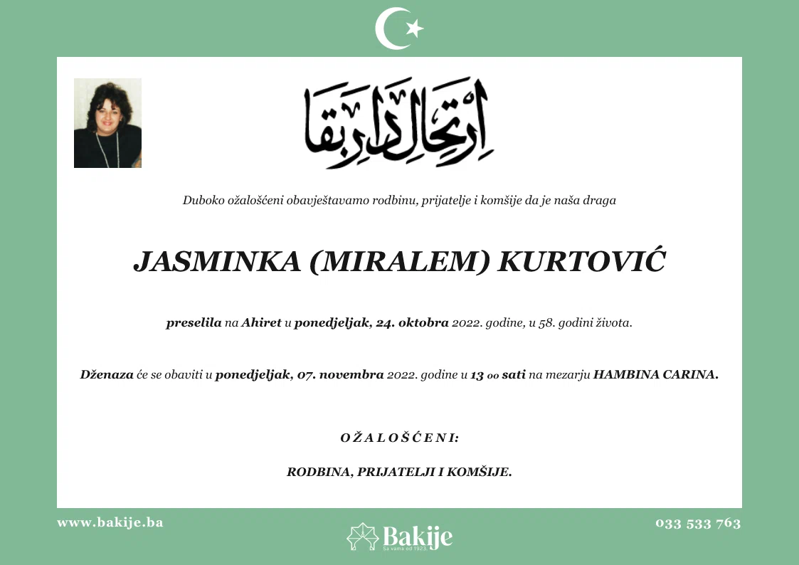 Smrtovnica — Jasminka (Miralem) Kurtović