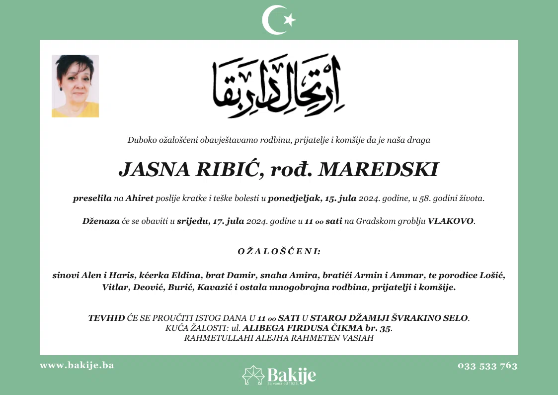 Smrtovnica — Jasna Ribić, rođ. Maredski