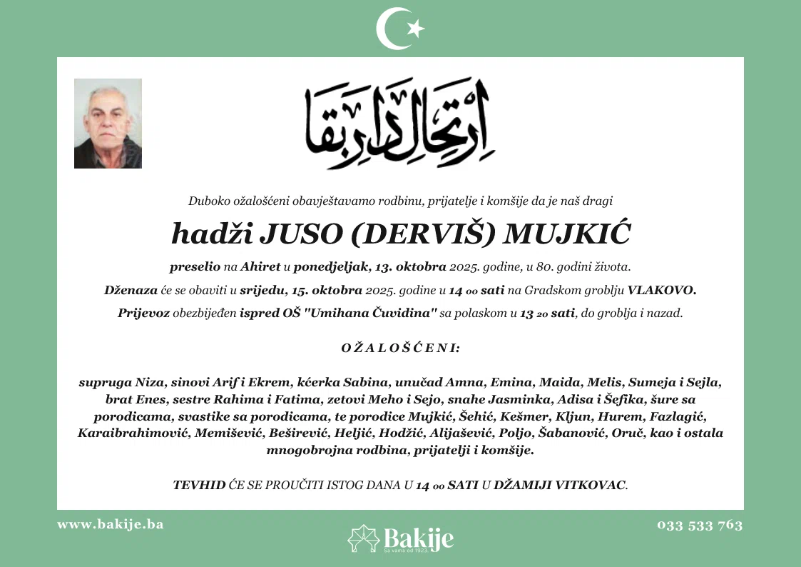 Smrtovnica — Hadži Juso (Derviš) Mujkić