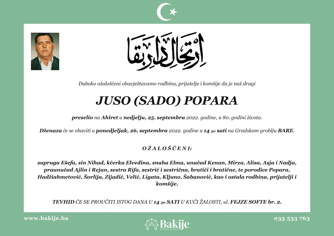 Smrtovnica — Juso (Sado) Popara