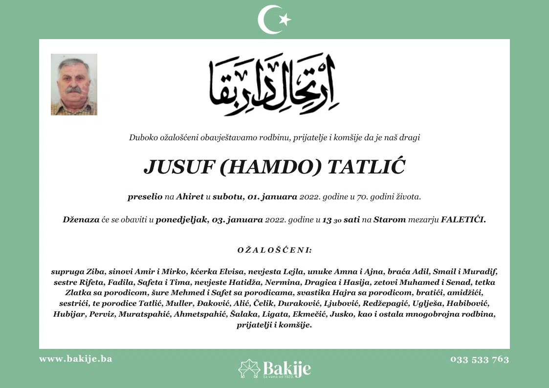 Smrtovnica — Jusuf (Hamdo) Tatlić