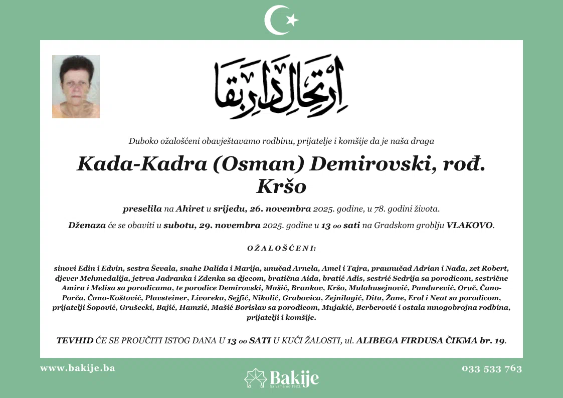 Smrtovnica — Kada-Kadra (Osman) Demirovski, rođ. Kršo
