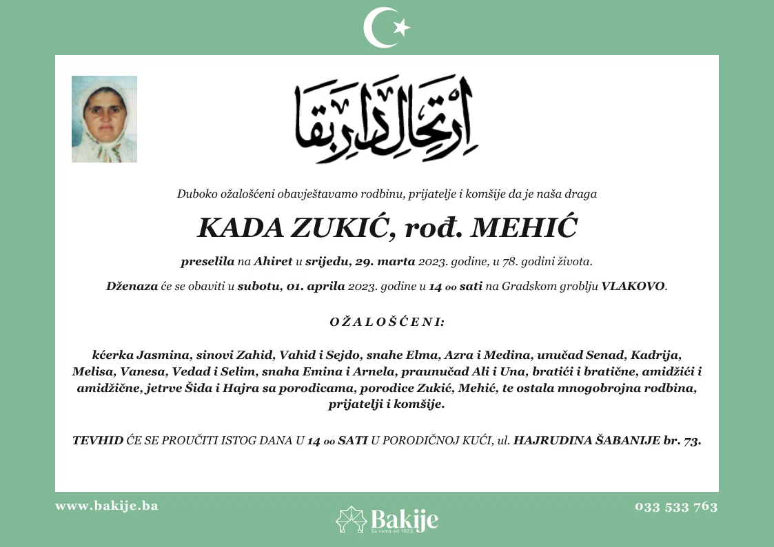 Smrtovnica — Kada Zukić, rođ. Mehić