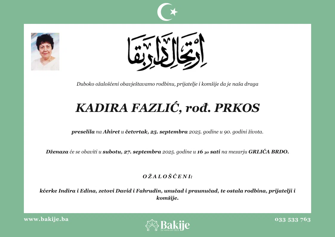 Smrtovnica — Kadira Fazlić, rođ. Prkos