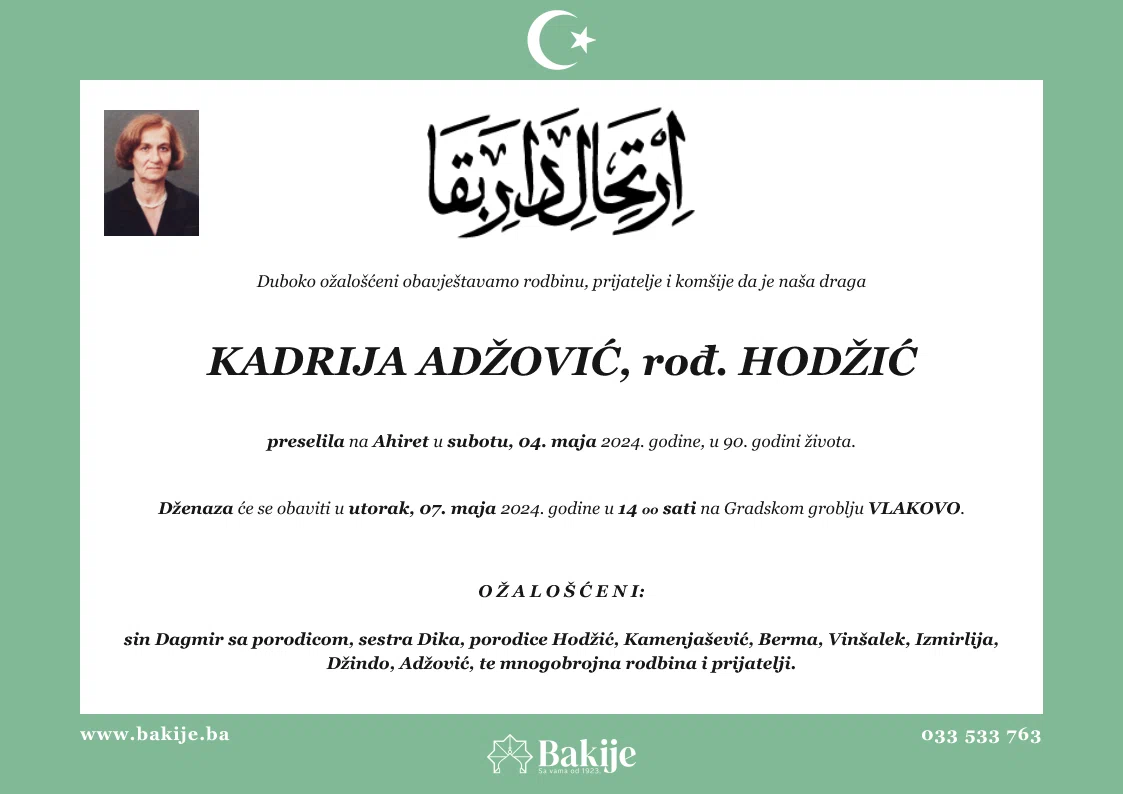 Smrtovnica — Kadrija Adžović, rođ. Hodžić