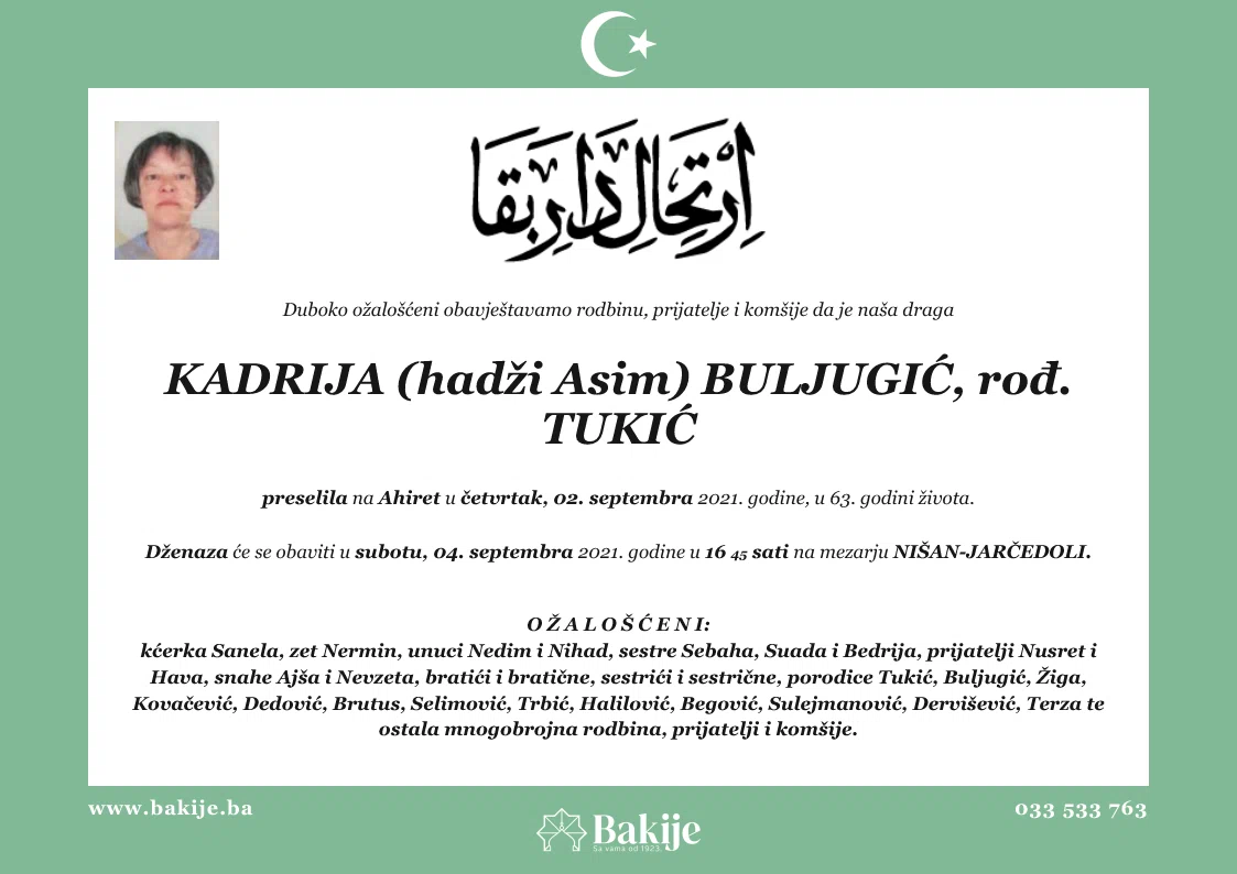 Smrtovnica — Kadrija (Hadži Asim) Buljugić, rođ. Tukić