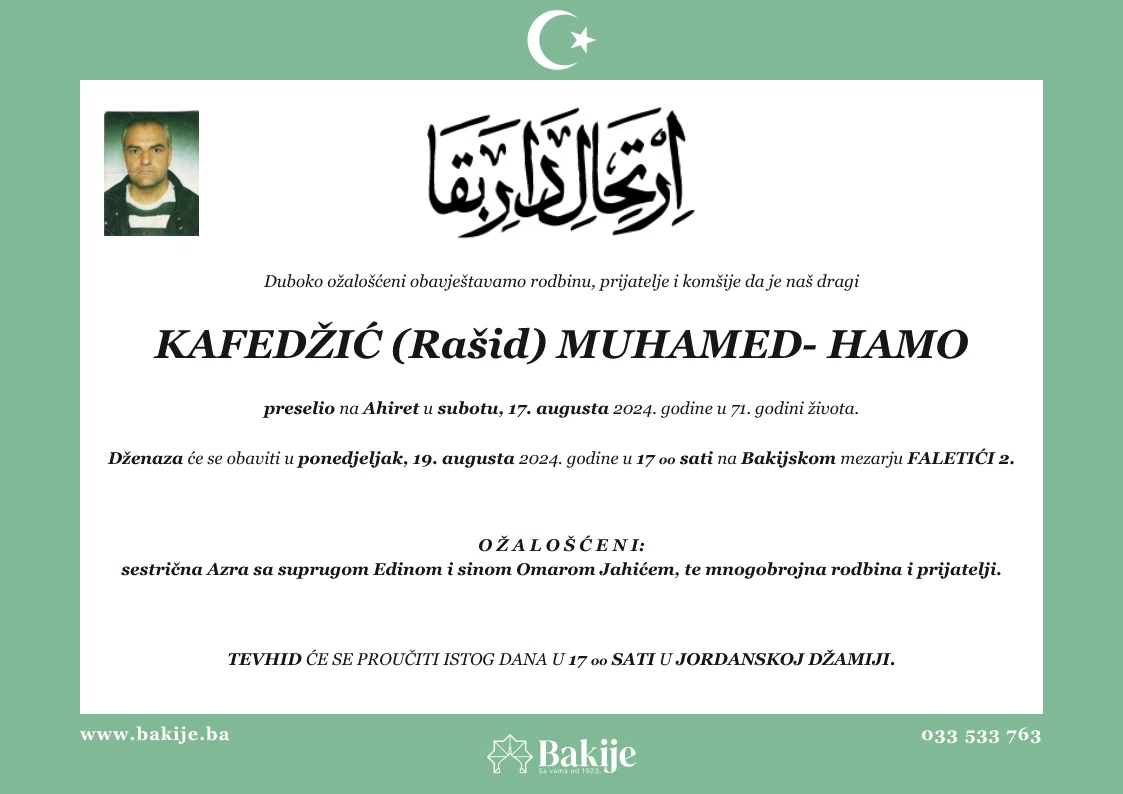 Smrtovnica — Kafedžić (Rašid) Muhamed- Hamo