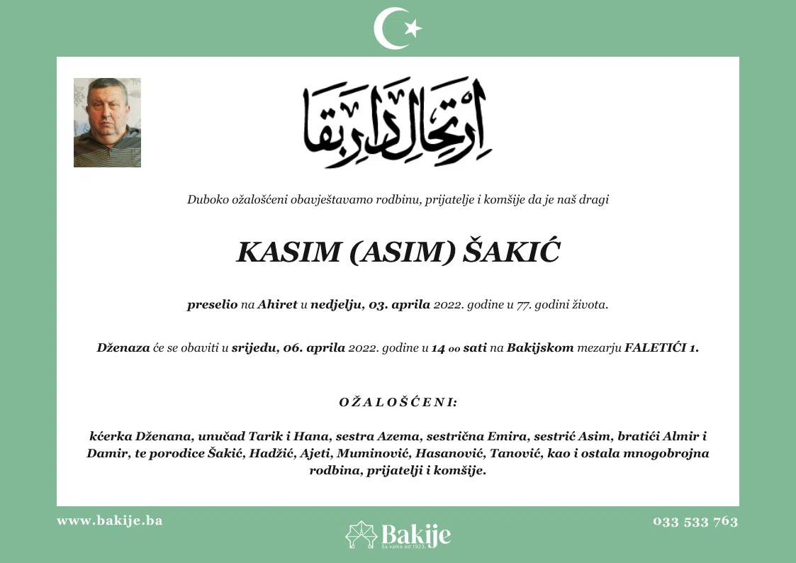 Smrtovnica — Kasim (Asim) Šakić