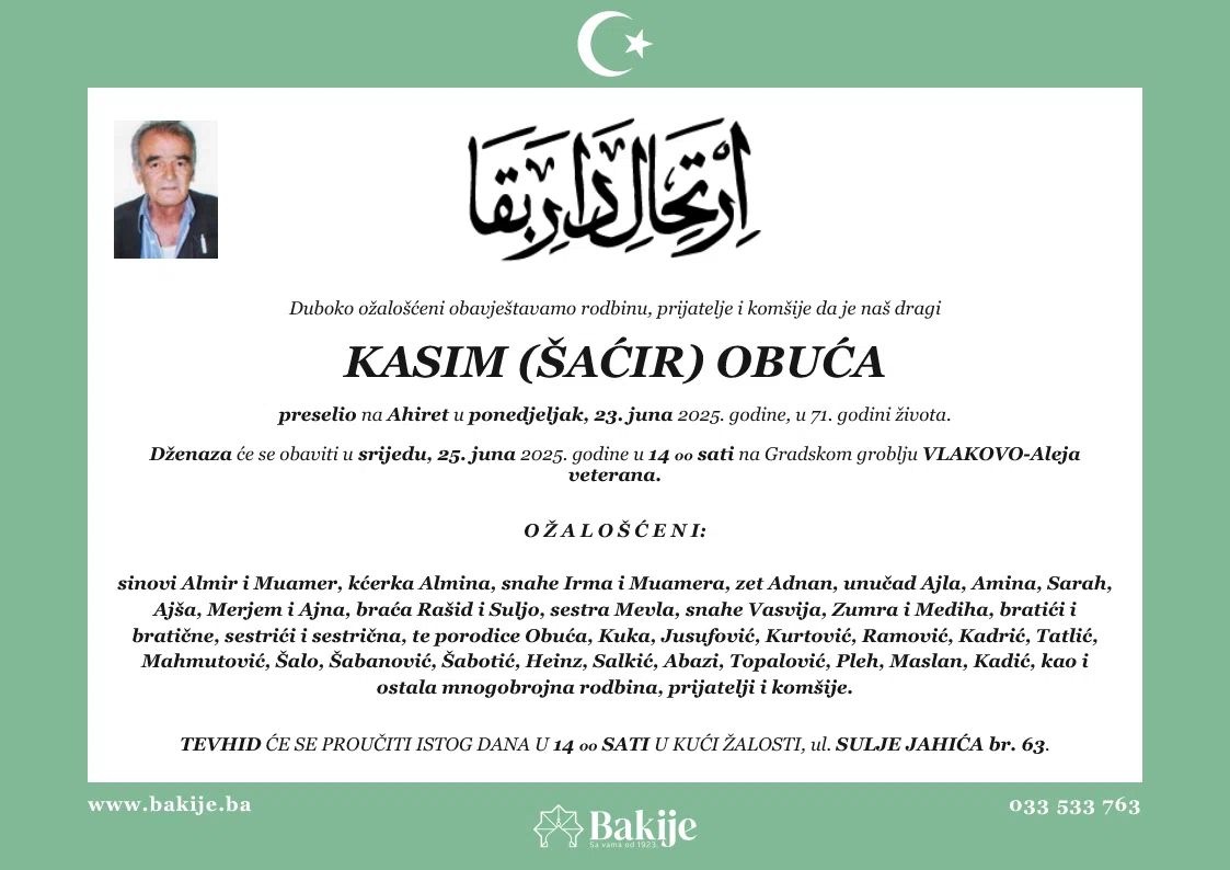 Smrtovnica — Kasim (Šaćir) Obuća