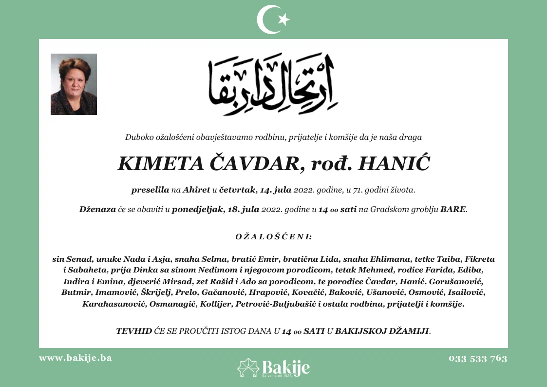 Smrtovnica — Kimeta Čavdar, rođ. Hanić
