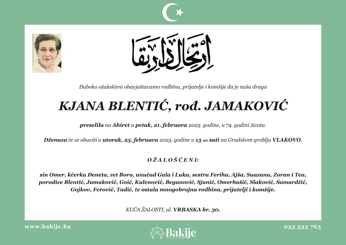 Smrtovnica — Kjana Blentić, rođ. Jamaković