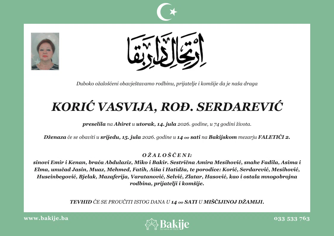 Smrtovnica — Korić Vasvija, rođ. Serdarević