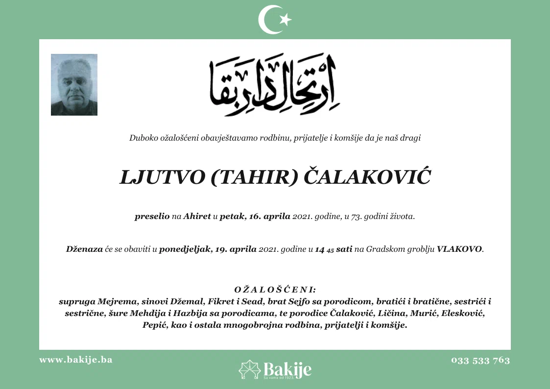 Smrtovnica — Ljutvo (Tahir) Čalaković